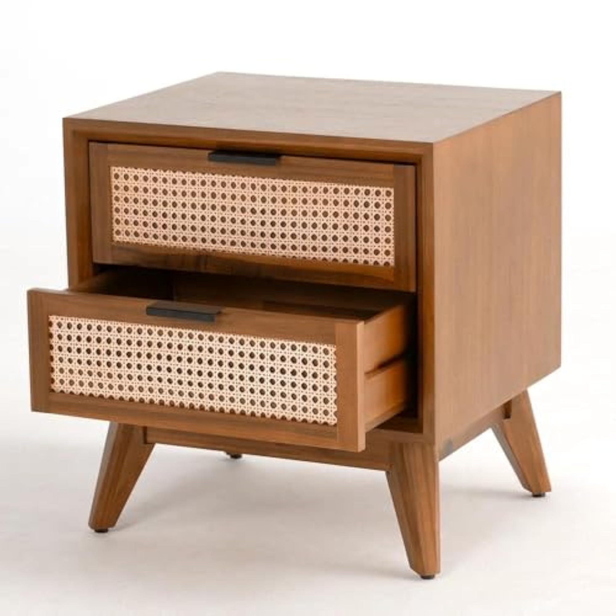 Solid Wood Bedside Table with Rattan Drawers